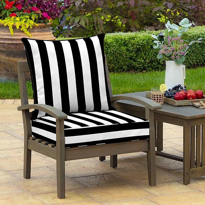 Arden Outdoor Foam Deep Seat Cushion Set, 24 in x 24 in, Weather-Proof, Rain-Proof, Fade Resistant Patio Cushion, Bottom and Back Cushion for Chair, Sofa, and Couch Black Cabana Stripe