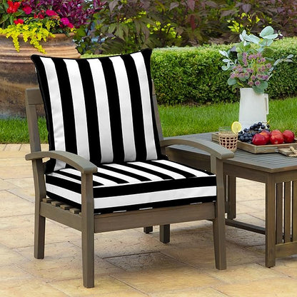 Arden Outdoor Foam Deep Seat Cushion Set, 24 in x 24 in, Weather-Proof, Rain-Proof, Fade Resistant Patio Cushion, Bottom and Back Cushion for Chair, Sofa, and Couch Black Cabana Stripe