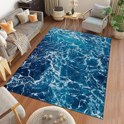 9CH Ocean Beach Area Rug 9'x12', Blue Sea Waves Polyester Area Rug Non-Slip Carpet Mat for Living Dining Dorm Room Bedroom Home Decorative