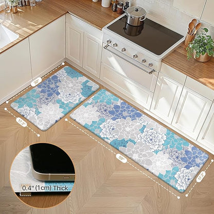 GENIMO Kitchen Mats for Floor, Kitchen Rugs Non Slip Washable Sets of 2, Waterproof Cushioned Anti Fatigue Mat, Floral Runner Rug for Laundry, Sink, Office, Home, 17.3"x59"+17.3"x30", Sky Blue