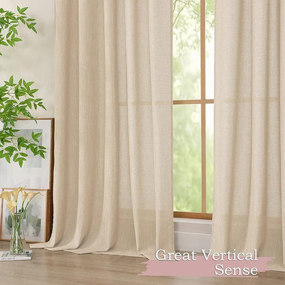 Simplebrand Natural Faux Linen Textured Semi Sheer Curtains 96 Inches Long 2 Panels Set, Light Filtering Soft Thick Farmhouse Curtains Window Treatment for Bedroom/Living Room, 50 x 96 Inch
