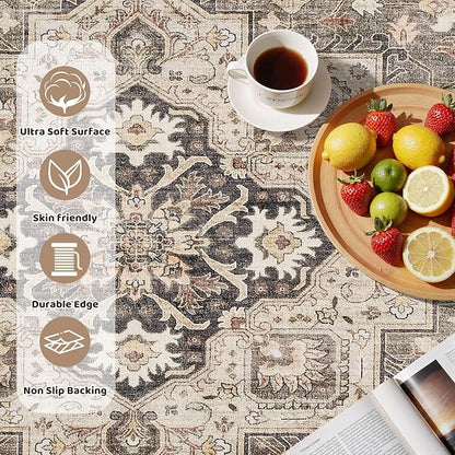 8ft Round Vintage Living Room Area Rug - 8x8 Large Soft Washable Oriental Traditional Distressed Farmhouse Rugs for Bedroom - Indoor Floor Accent Carpet for Home Office House Decor - Brown