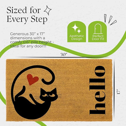 Coir Door Mats 17" X 30", Non-Slip Sturdy, PVC Backed Heavy Duty, Easy to Clean, Ideal for Door Entrance, Patio, Porch, Backyard, Garages, Love of Cats, A Hello