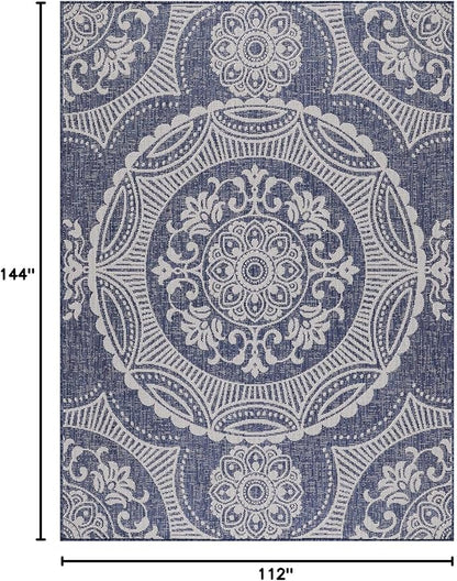 Medallion Outdoor Rug 9x12 Washable Outside Carpet for Indoor Patio Porch Waterproof Easy Cleaning Non Shedding Area Rugs Blue 9 x 12