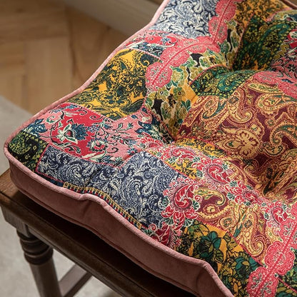 vctops Boho Paisley Chair Cushions with Ties Patchwork Square Soft Cozy Cotton Linen Chair Pads Non Slip Seat Cushions for Indoor Dining Room and Kitchen Chairs (Pink,16"x16")