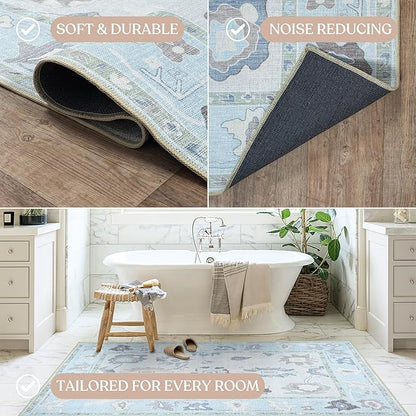 Fame Living Cream Blue Oushak Runner Rug, Modern Runners, Turkish, Eclectic, Floral, Pastel, Washable, Small Rugs, Short Runner for Hallway, Entryway, Laundry, Bedroom, Kitchen, Bathroom, 2'5"x6'5"