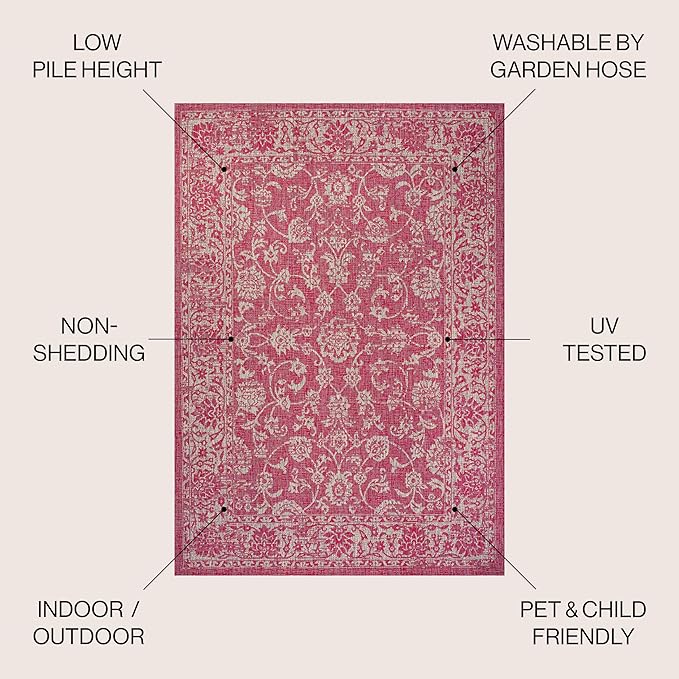 JONATHAN Y Weave Floral Indoor Outdoor Area Rug 5X8 Fuchsia/Light Gray, Tela Bohemian Textured for Backyard, Patio, Porch, Easy-Cleaning, High Traffic, Pet-Friendly, Non-Shedding (SMB100G-5)