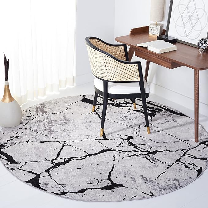 SAFAVIEH Amelia Collection Area Rug - 8' Round, Grey & Black, Modern Abstract Design, Non-Shedding & Easy Care, Ideal for High Traffic Areas in Living Room, Bedroom (ALA293K)