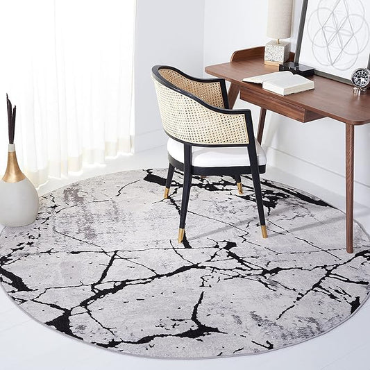 SAFAVIEH Amelia Collection Area Rug - 8' Round, Grey & Black, Modern Abstract Design, Non-Shedding & Easy Care, Ideal for High Traffic Areas in Living Room, Bedroom (ALA293K)
