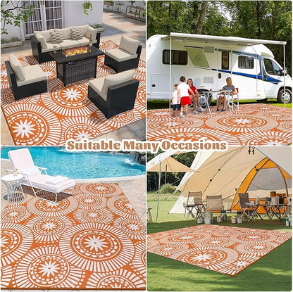 Ileading Large Plastic Outdoor Rug 9x12ft Modern Geometric Style Reversible Patio Area Rugs Waterproof Non Shedding Portable Carpets for Rv Outside Deck Pool Beach Picnic Camping (Orange)