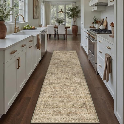 Brown Multi Hallway Runner Rug 3x10 Vintage Washable Distressed Area Carpet Kitchen Indoor Non Slip Long Traditional Medallion Retro Accent Throw Rug for Bedroom Laundry Dining Living Room