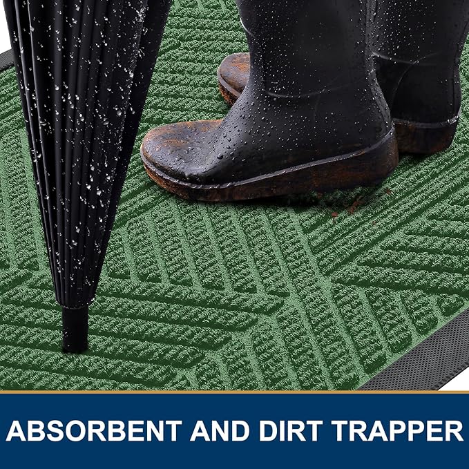 Smiry Front Door Mat Outside Entrance, Heavy Duty Sturdy Natural Rubber Doormat, Trap Dirt and Moisture, Easy Clean Low Profile Mats for Indoor Outdoor Entry, Irregular Triangle (59x35, Green)