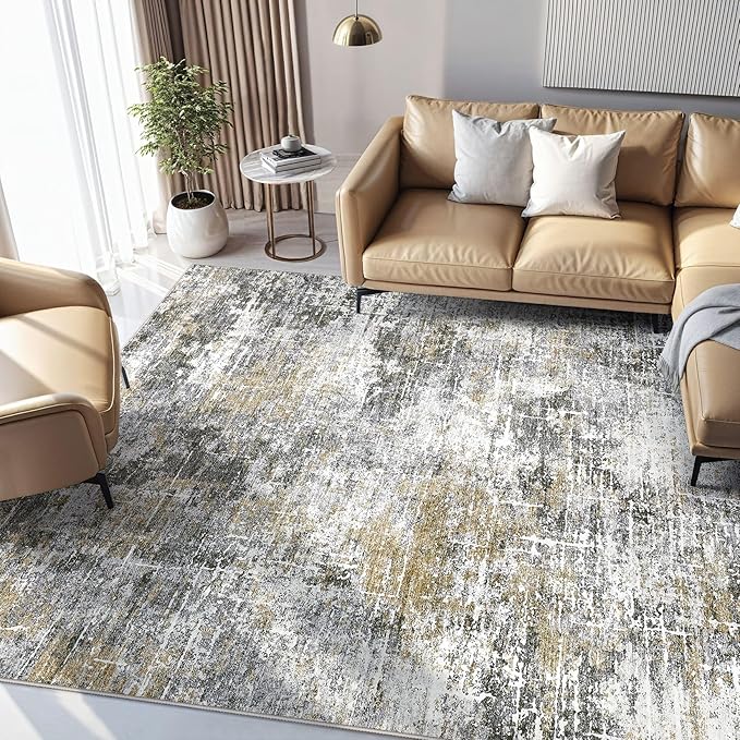 Abstract Living Room Rug 10x14 - Modern Washable Soft Thin Area Rug for Living Room Bedroom Under Dining Table - Neutral Indoor Floor Rug Carpets for Home Office Playroom Nursery - Black Gold