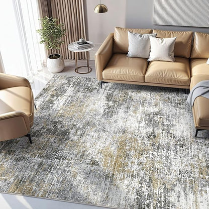 Abstract Living Room Rug 10x14 - Modern Washable Soft Thin Area Rug for Living Room Bedroom Under Dining Table - Neutral Indoor Floor Rug Carpets for Home Office Playroom Nursery - Black Gold