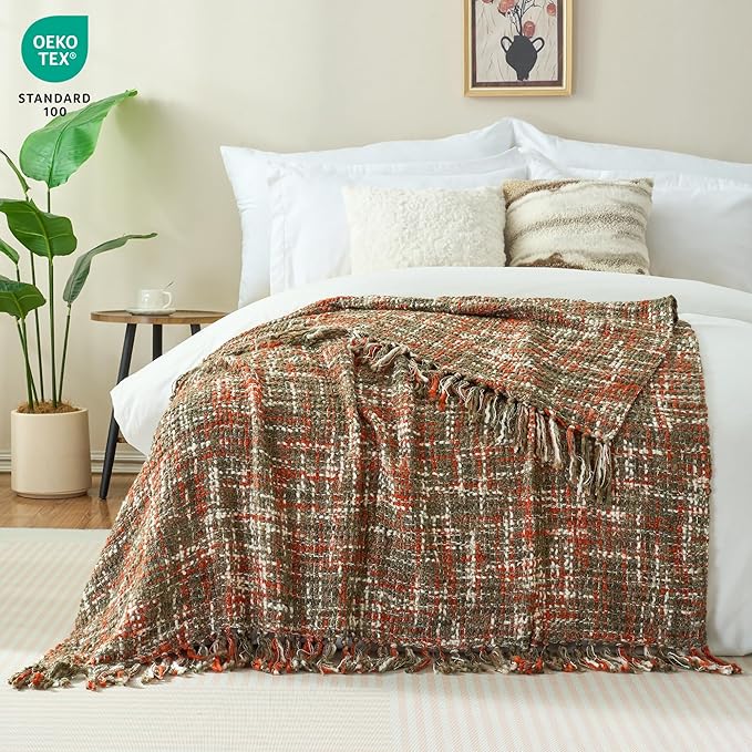 Multi-Color Orange Cable Knitted Throw Blanket for Couch,60"X80" Boho Style Textured Blankets for Home Decor,Super Soft Warm Cozy Chunky Knit Blanket with Decorative Tassels for Bed and Sofa