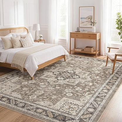 Vintage Living Room Area Rug 9x12 - Large Soft Washable Oriental Traditional Distressed Farmhouse Rugs for Bedroom - Indoor Floor Accent Carpet for Home Office House Decor - Brown