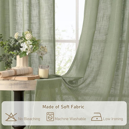 LAMIT Linen Semi Sheer Curtains 96 inches Long 2 Panels Set, Light Filtering Panels Back Tab and Rod Pocket Floor to Ceiling Curtains for Bedroom/Living Room, Sage Green, 52 x 96 Inch