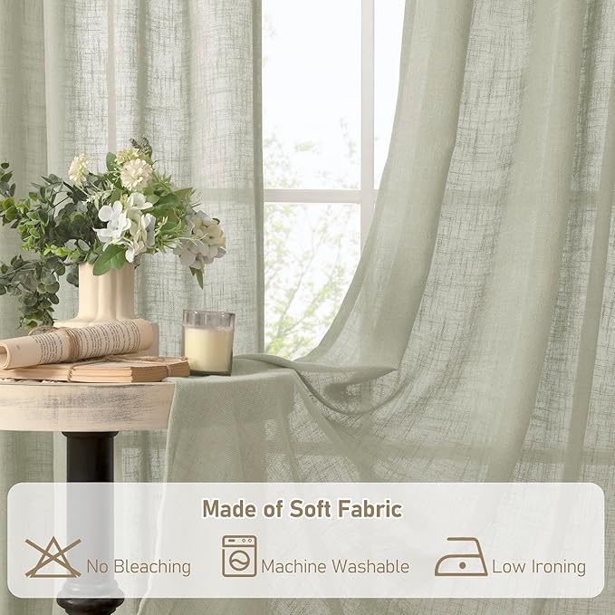 LAMIT Light Filtering Linen Curtains 72 inches Long for Bedroom, Linen Textured Semi Sheer Back Tab and Rod Pocket Boho Drapes for Window/Living Room, Sage Grey, 2 Panels, 34 x 72 Inch