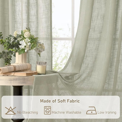 LAMIT Sage Grey Linen Curtains 54 Inch Length 2 Panels, Light Filtering Panels Back Tab and Rod Pocket Neutral Drapes for Kitchen/Window/Bedroom, 52 x 54 Inch