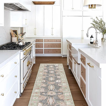 Fame Living Green Oushak Runner Rug, Modern Runners, Turkish, Eclectic, Floral, Pastel, Washable, Small Throw Rugs, Short Runner for Hallway, Laundry, Foyer, Bedroom, Kitchen, Bathroom, 2'5"x6'5"