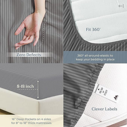 Mayfair Linen 100% Cotton Striped Sheets Twin Size Bed Set - 500 Thread Count Damask Sheets Twin Size 3 PC Set (Datk Grey Stripe), Soft, Cooling, Sateen Hotel-Quality 16" Deep Pocket Cotton Bedsheet