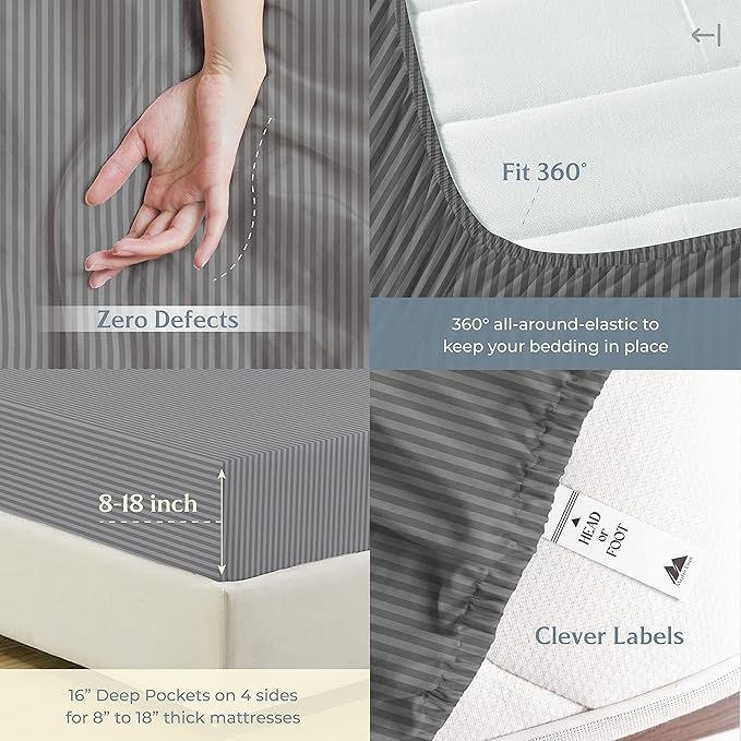 Mayfair Linen 100% Cotton Striped Sheets California King Size Bed Set - 500 Thread Count Damask Sheets Cal King Size 4 PC Set (Dark Grey Stripe), Soft, Cooling, Sateen Weave 16" Deep Pocket Bedsheet