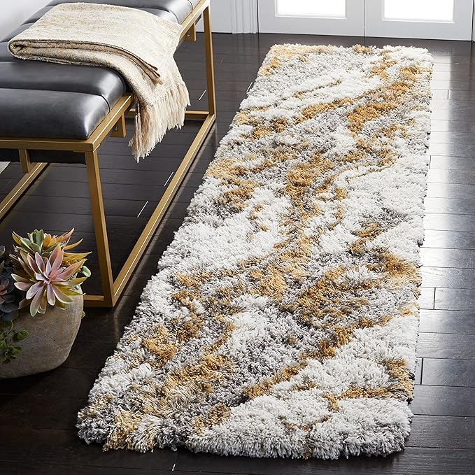 SAFAVIEH Horizon Shag Collection Runner Rug - 2' x 21', Grey & Gold, Modern Abstract Design, Non-Shedding & Easy Care, 2.6-inch Thick Ideal for High Traffic Areas in Living Room, Bedroom (HZN890D)