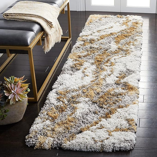 SAFAVIEH Horizon Shag Collection Runner Rug - 2' x 13', Grey & Gold, Modern Abstract Design, Non-Shedding & Easy Care, 2.6-inch Thick Ideal for High Traffic Areas in Living Room, Bedroom (HZN890D)