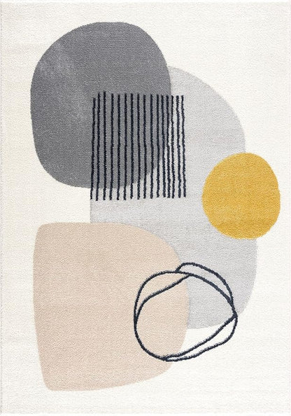 Abani Rugs Cream and Gray 5’3” x 7’6” (5'x8') Mid-Century Rug with Circles and Lines. Neutral Tones of Cream, Gray and a pop of Yellow. Minimalistic Design Turkish Stain Resistant Area Rug.