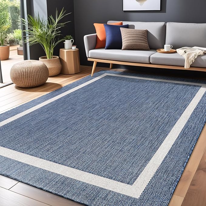 Bordered Outdoor Rug 6x9 Washable Outside Carpet for Indoor Patio Porch Waterproof Easy Cleaning Non Shedding Area Rugs Blue 6 x 9