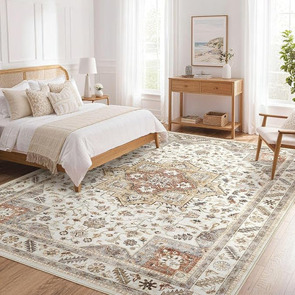 Vintage Living Room Area Rug 10x14 - Large Soft Washable Oriental Traditional Distressed Farmhouse Rugs for Bedroom - Indoor Floor Accent Carpet for Home Office House Decor - Golden Taupe