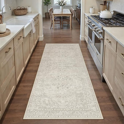 Beige 2x6 Runner Rug Washable Vintage Long Carpet for Hallway Kitchen Soft Retro Floral Low Pile Indoor Runner Non Slip Central Medallion Throw Rug for Bathroom Bedroom Laundry Dining Room