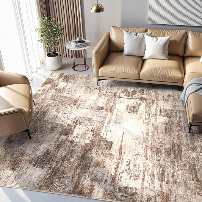 Abstract Living Room Rug 8x10 - Modern Washable Soft Thin Area Rug for Living Room Bedroom Under Dining Table - Neutral Indoor Floor Rug Carpets for Home Office Playroom Nursery - Brown