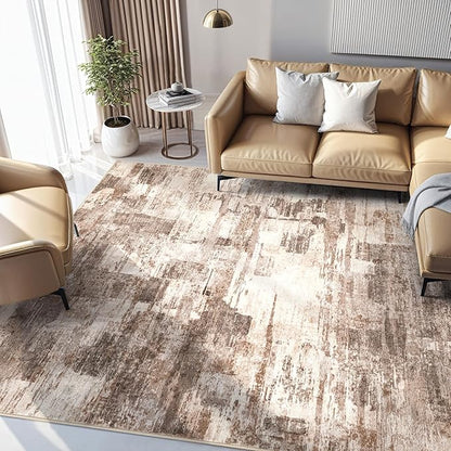 Abstract Living Room Rug 7x9 - Modern Washable Soft Thin Area Rug for Living Room Bedroom Under Dining Table - Neutral Indoor Floor Rug Carpets for Home Office Playroom Nursery - Brown
