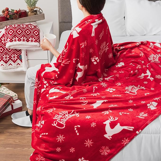 PAVILIA Christmas Throw Blanket | Holiday Christmas Reindeer Snowflakes Fleece Blanket | Soft, Plush, Warm Winter Cabin Throw, 50x60 (Red Reindeer)