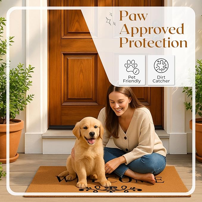 Coir Door Mats 17" X 30", Non-Slip Sturdy, PVC Backed Heavy Duty, Easy to Clean, Ideal for Door Entrance, Patio, Porch, Backyard, Garages, Welcome Floral Border