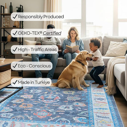 Fame Rugs Blue Modern Oushak Rug 10x13, Vintage Turkish Colorful Oriental Washable Antique Inspired Oversize Area Rugs, Luxury Living Room Bedroom (387BNB, 10' x 13')