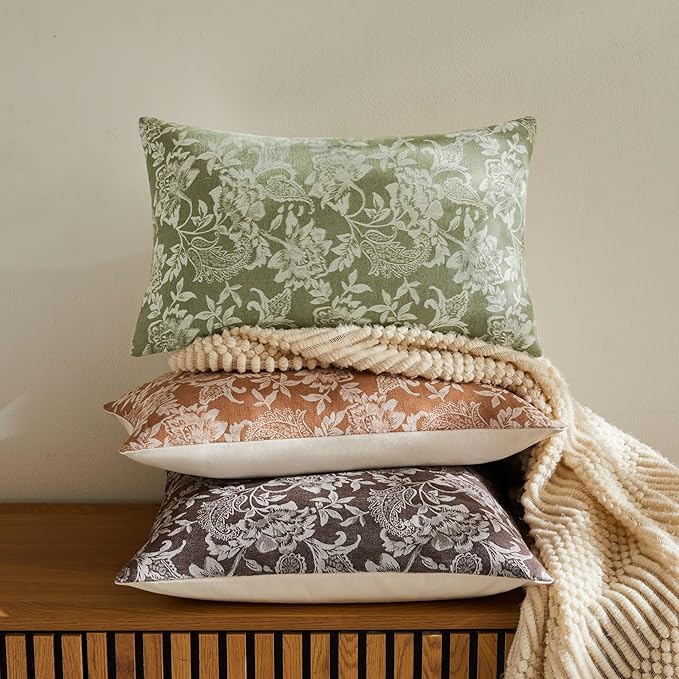 Floral Jacquard Lumbar Throw Pillow Covers Set of 2, Background/Green 12x20 Inch, Farmhouse Decorative Cotton Sage Green Cushion Covers for Sofa Bed Living Room Home Decor