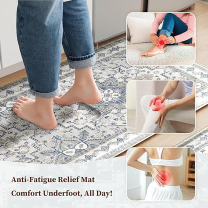 Boho Kitchen Mats for Floor 2 Piece Set Anti Fatigue Cushioned PVC Kitchen Rugs Non Slip Waterproof Farmhouse Mats 2/5 Inch Comfort Standing Mat for Sink, Laundry, 17.3"x47"+17.3"x28", Blue Grey