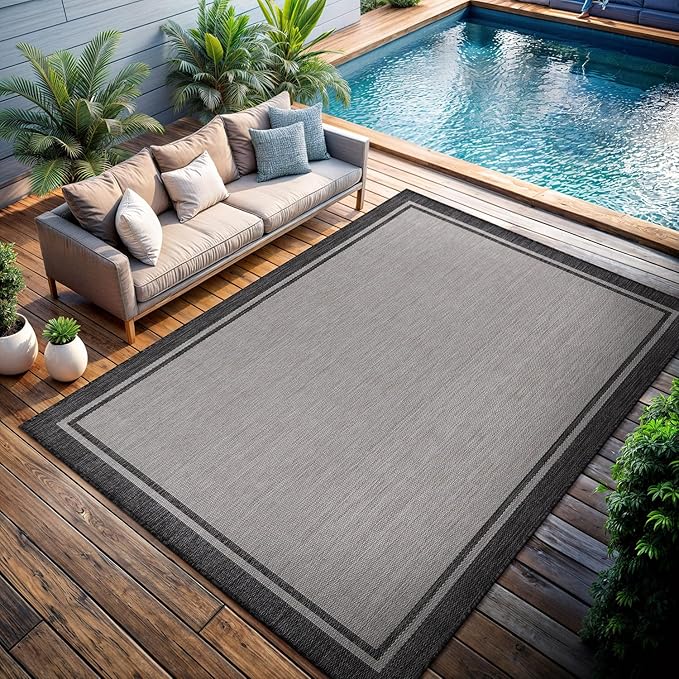 CAMILSON Indoor Outdoor Rug, 9x12 Bordered Gray Modern Area Rugs for Large Indoor and Outdoor Patios, Kitchen and Hallway Mats, Washable Porch Deck Outside Carpet (Bordered Grey, 9 x 12)