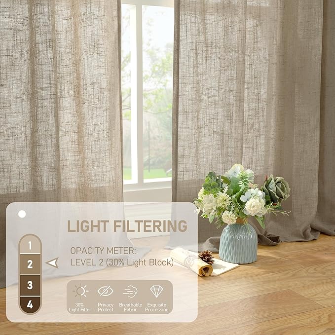 LAMIT Taupe Linen Curtains for Living Room, 84 inch Length Light Filtering Semi Sheer Drapes Back Tab and Rod Pocket Boho Farmhouse Panels for Bedroom, 2 Panels, 34 x 84 Inch