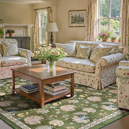 jinchan Elora 8x10 Floral Rug for Living Room Washable Bedroom Rug Vintage Romance Christmas Design Non Slip Thin Indoor Floor Cover Large Low-Profile Throw Carpet for Dining Room Office, Green