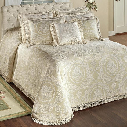 Timeless Vintage Style Bedding with Fringe Edges | Neutral Sage and Ecru | Textured Matelasse Rose Medallions and Leaves | 5-Pc Lightweight Bed Set: Oversized Queen Bedspread & 4 Standard Pillow Shams