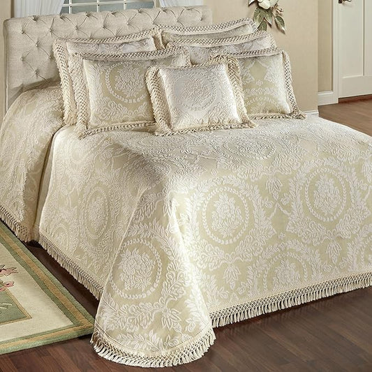 Timeless Vintage Style Bedding with Fringe Edges | Neutral Sage and Ecru | Textured Matelasse Rose Medallions and Leaves | 5-Pc Lightweight Bed Set: Oversized Queen Bedspread & 4 Standard Pillow Shams