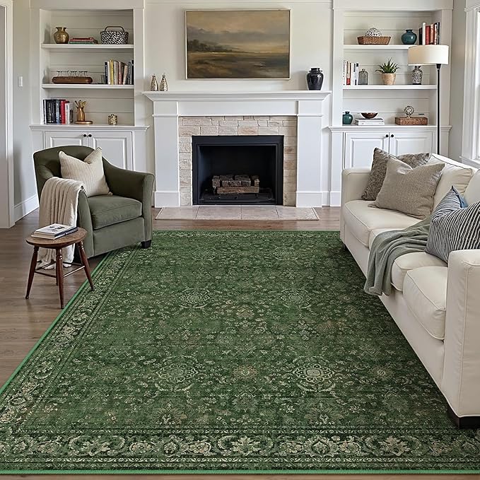 Vintage Area Rug 8x10 Washable Green Living Room Carpet Large Indoor Non Slip Bedroom Low Pile Kitchen Distressed Retro Accent Throw Rug for Dining Room