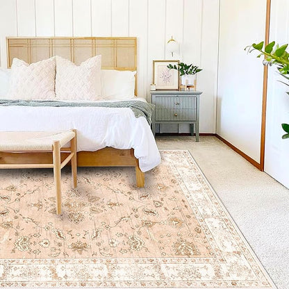 4x6 Vintage Washable Thin Area Rug Tangerine Traditional Floor Cover Foldable Indoor Distressed Non Slip Carpet Floral Print Mat Bedroom Living Room Bathroom