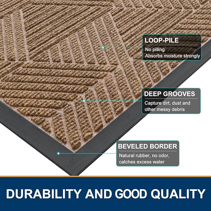 Smiry Front Door Mat Outside Entrance, Heavy Duty Sturdy Natural Rubber Doormat, Trap Dirt and Moisture, Easy Clean Low Profile Mats for Indoor Outdoor Entry, Irregular Triangle (36x24, Light Brown)