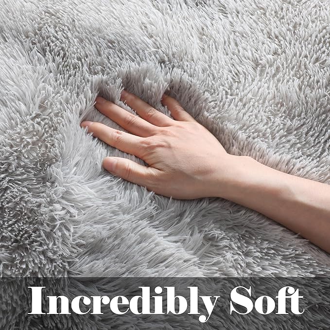 ONASAR Area Rugs for Bedroom Living Room, 4x6 Tie-Dyed Light Grey Fluffy Shaggy Bedside Throw Rug, Washable Indoor Soft Plush Floor Carpet for Nursery Kids Girls Boys Teen Dorm Home Office Decor