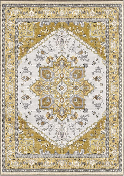 OPPODREAM Thin 10x14 Area Rugs, Washable Rugs 10x14 with Non Slip Backing, Low-Pile Faux Cashmere 10 x 14 Carpet, Yellow