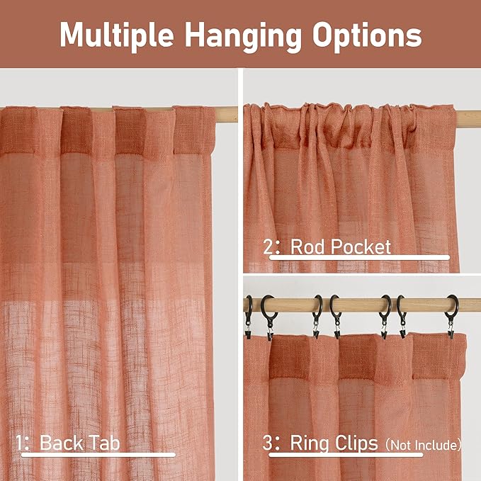 LAMIT 48 Inch Short Window Linen Curtains, Light Filtering Panels Back Tab and Rod Pocket Neutral Drapes for Cafe/Bathroom/Loft Room, Terracotta, 2 Panels, 34 x 48 Inch